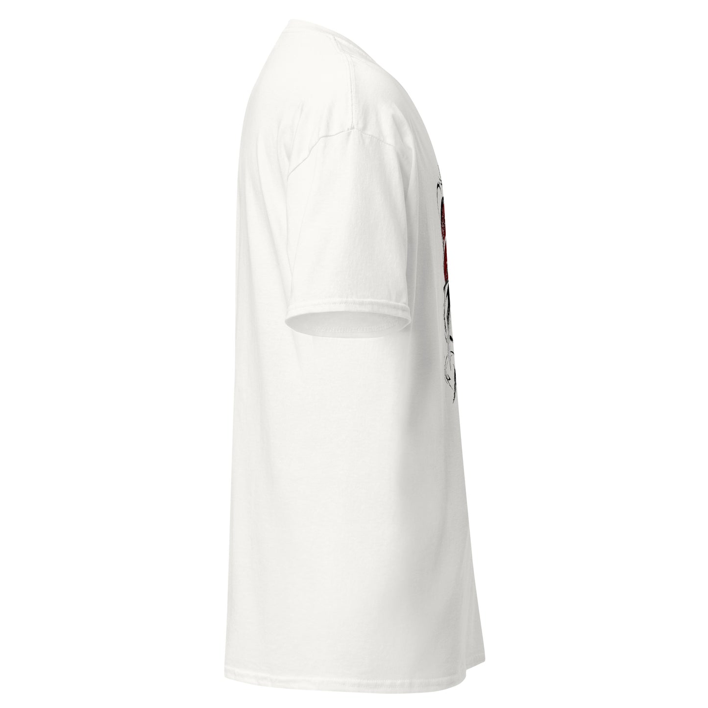 Right side view of the White Crowsworn Crimson Wraith T-shirt with casual unisex fit