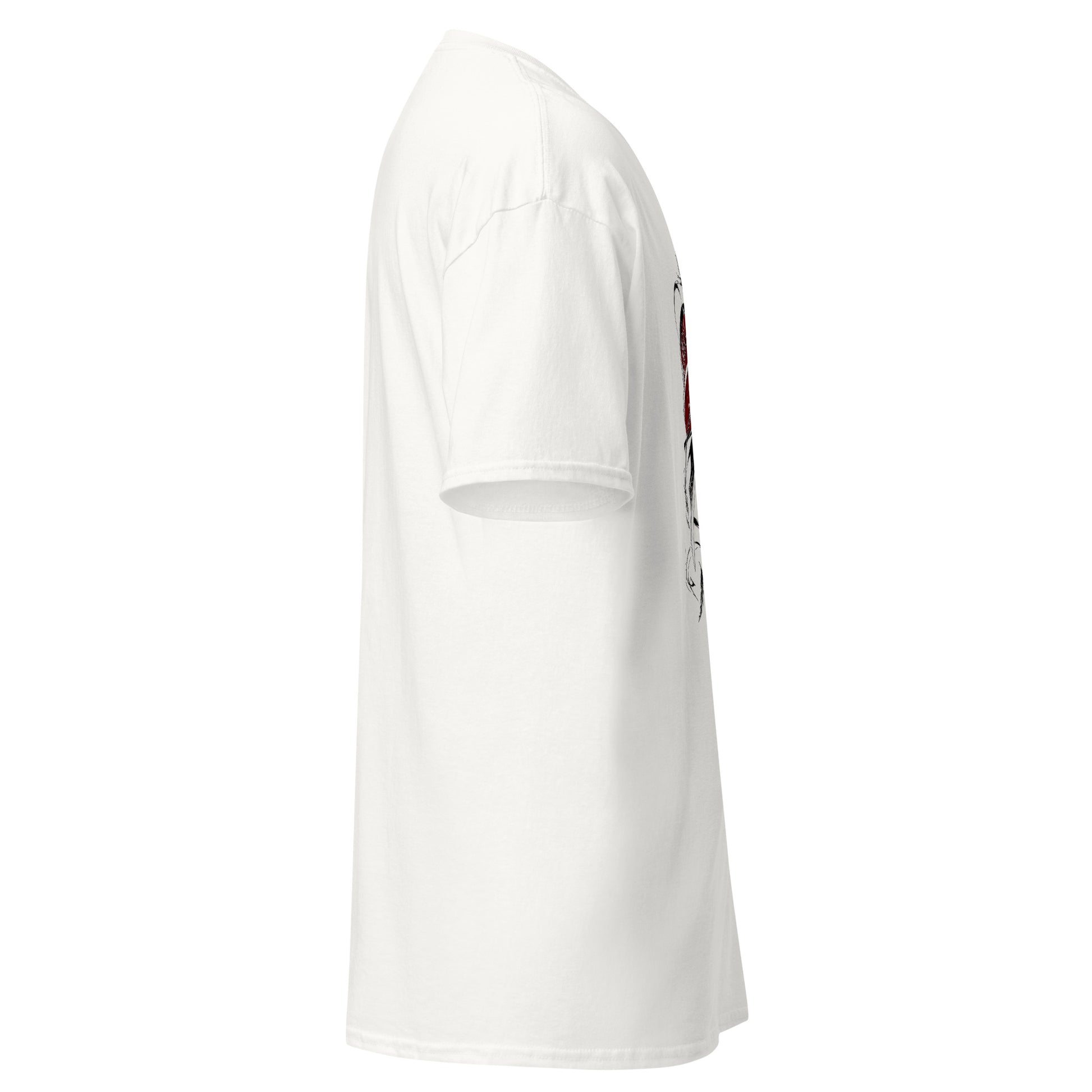 Right side view of the White Crowsworn Crimson Wraith T-shirt with casual unisex fit