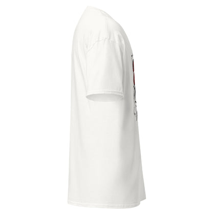 Right side view of the White Crowsworn Crimson Wraith T-shirt with casual unisex fit