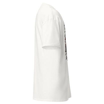 Right side view of the White Crowsworn Gothic Hunter T-shirt with casual gamer streetwear fit
