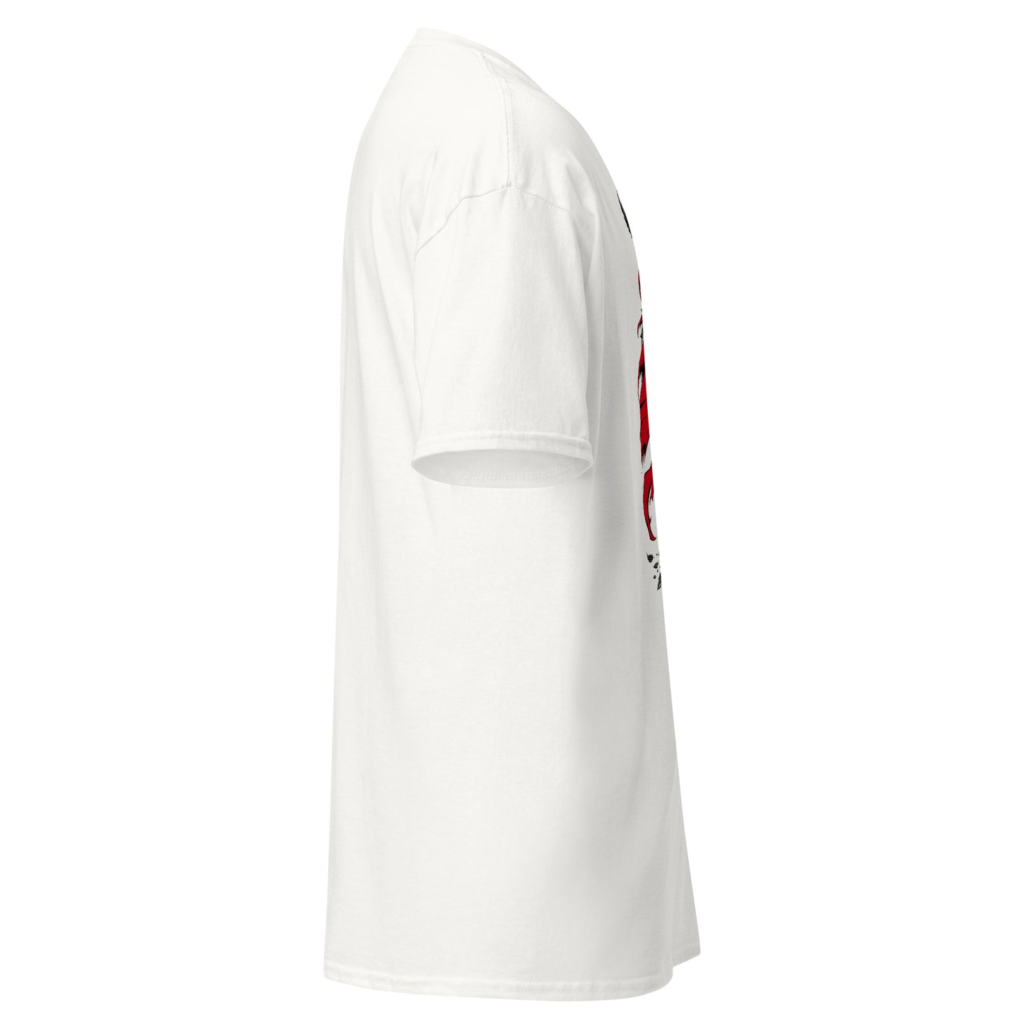 Side view of White Crowsworn Crimson Scythe T-shirt with partial red cape artwork visible near the front.