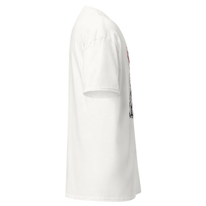 Left side view of The Blood of Dawnwalker Crimson Eclipse T-Shirt showing side profile, sleeve shape and front print edge