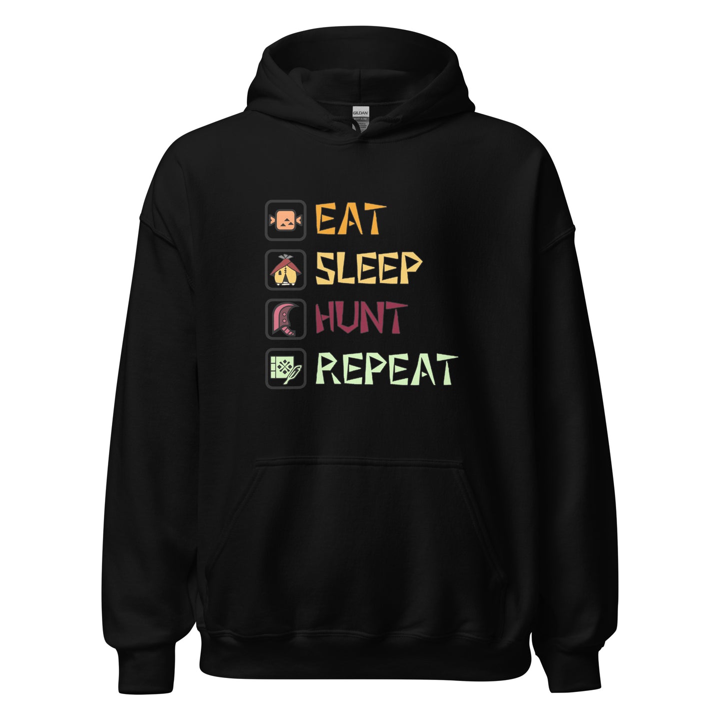 Front view of the black Monster Hunter Wilds Eat Sleep Hunt Repeat hoodie featuring text and icons design on chest