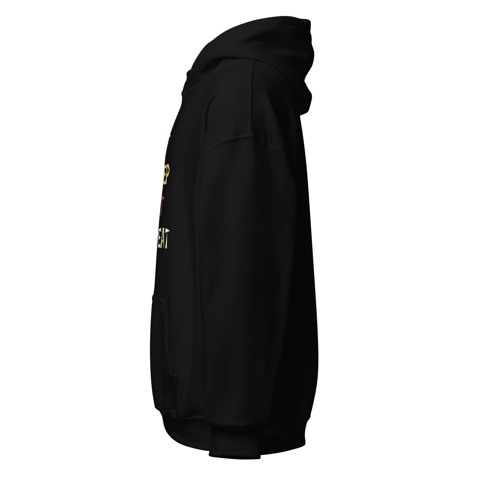Left side view of the black Monster Hunter Wilds Eat Sleep Hunt Repeat hoodie highlighting side profile and relaxed fit