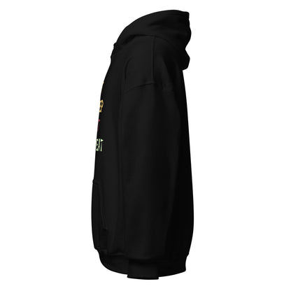 Left side view of the black Monster Hunter Wilds Eat Sleep Hunt Repeat hoodie highlighting side profile and relaxed fit