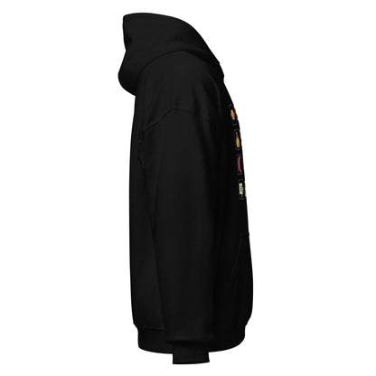 Right side view of the black Monster Hunter Wilds Eat Sleep Hunt Repeat hoodie showing sleeve and hood structure