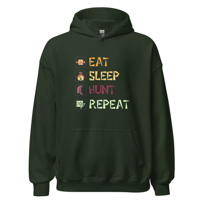 Front view of the Forest Green Monster Hunter Wilds Eat Sleep Hunt Repeat hoodie featuring text and icons design on chest