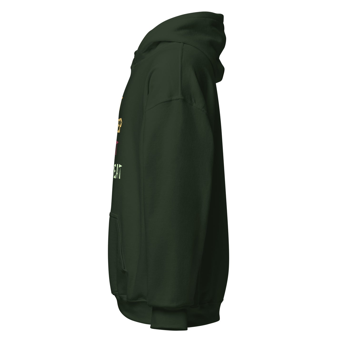 Left side view of the Forest Green Monster Hunter Wilds Eat Sleep Hunt Repeat hoodie highlighting side profile and relaxed fit
