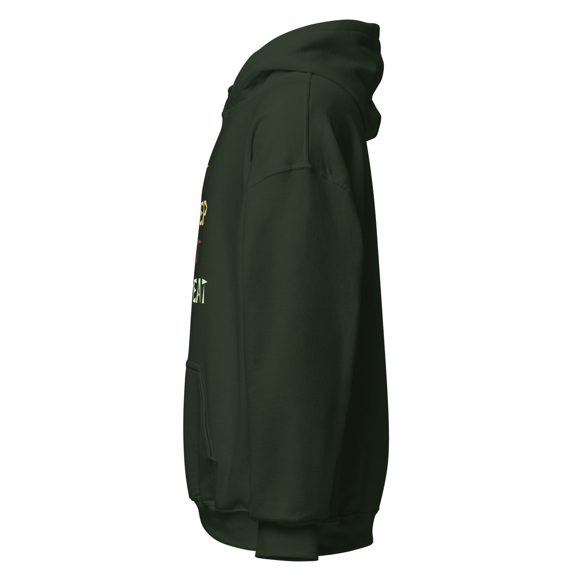 Left side view of the Forest Green Monster Hunter Wilds Eat Sleep Hunt Repeat hoodie highlighting side profile and relaxed fit