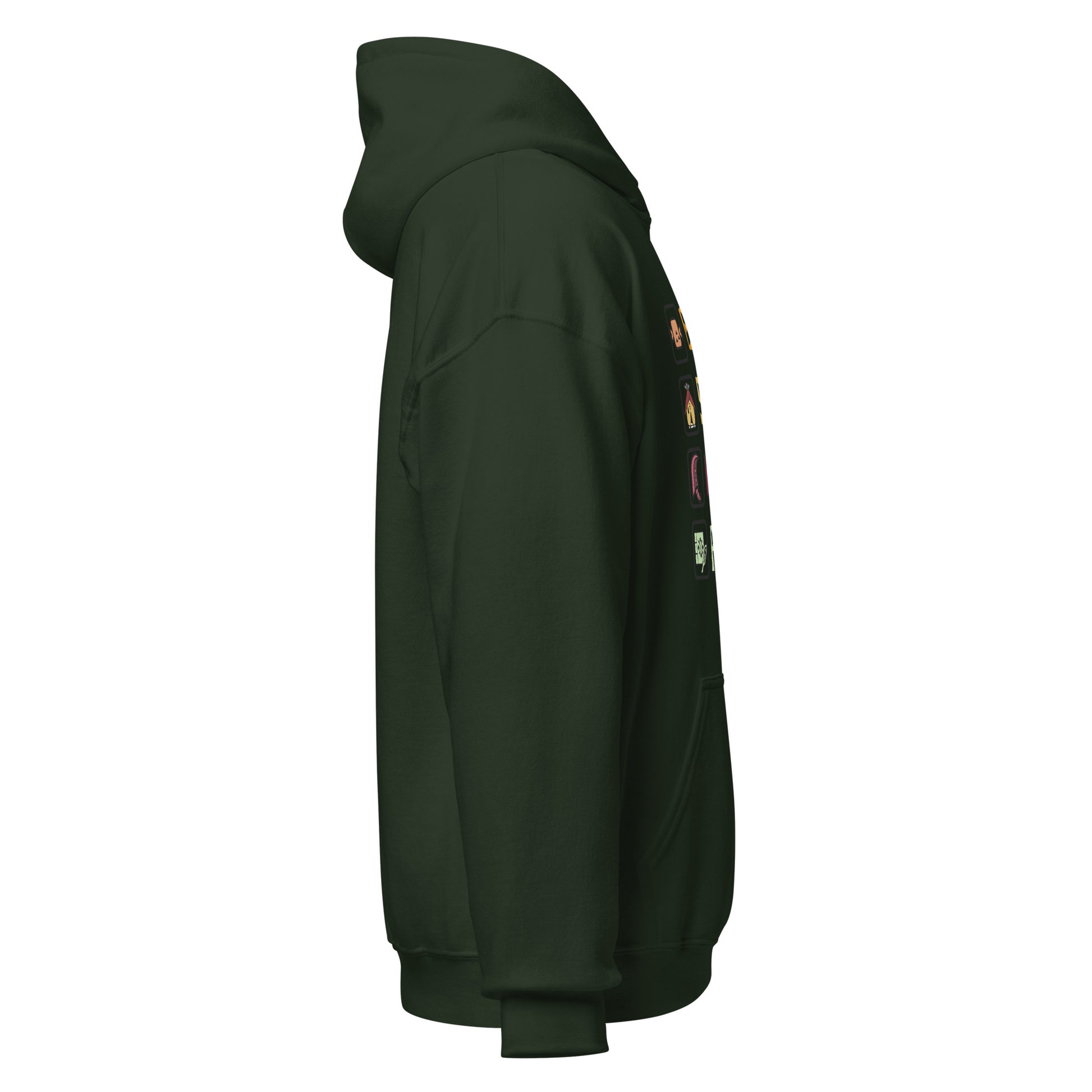 Right side view of the Forest Green Monster Hunter Wilds Eat Sleep Hunt Repeat hoodie showing sleeve and hood structure