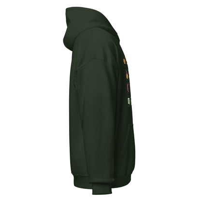 Right side view of the Forest Green Monster Hunter Wilds Eat Sleep Hunt Repeat hoodie showing sleeve and hood structure