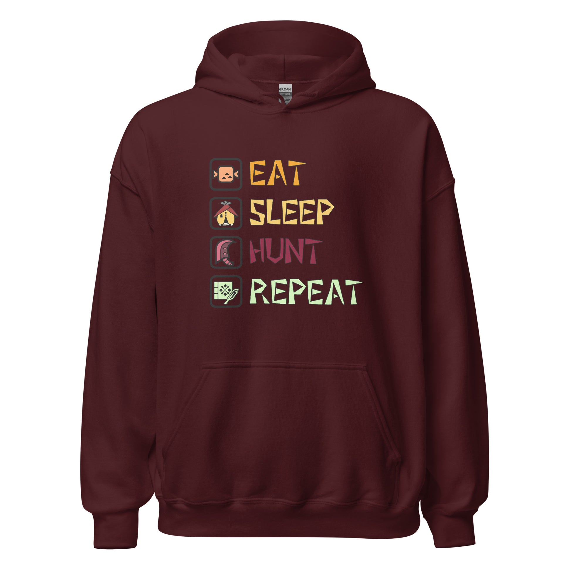 Front view of the maroon Monster Hunter Wilds Eat Sleep Hunt Repeat hoodie featuring text and icons design on chest
