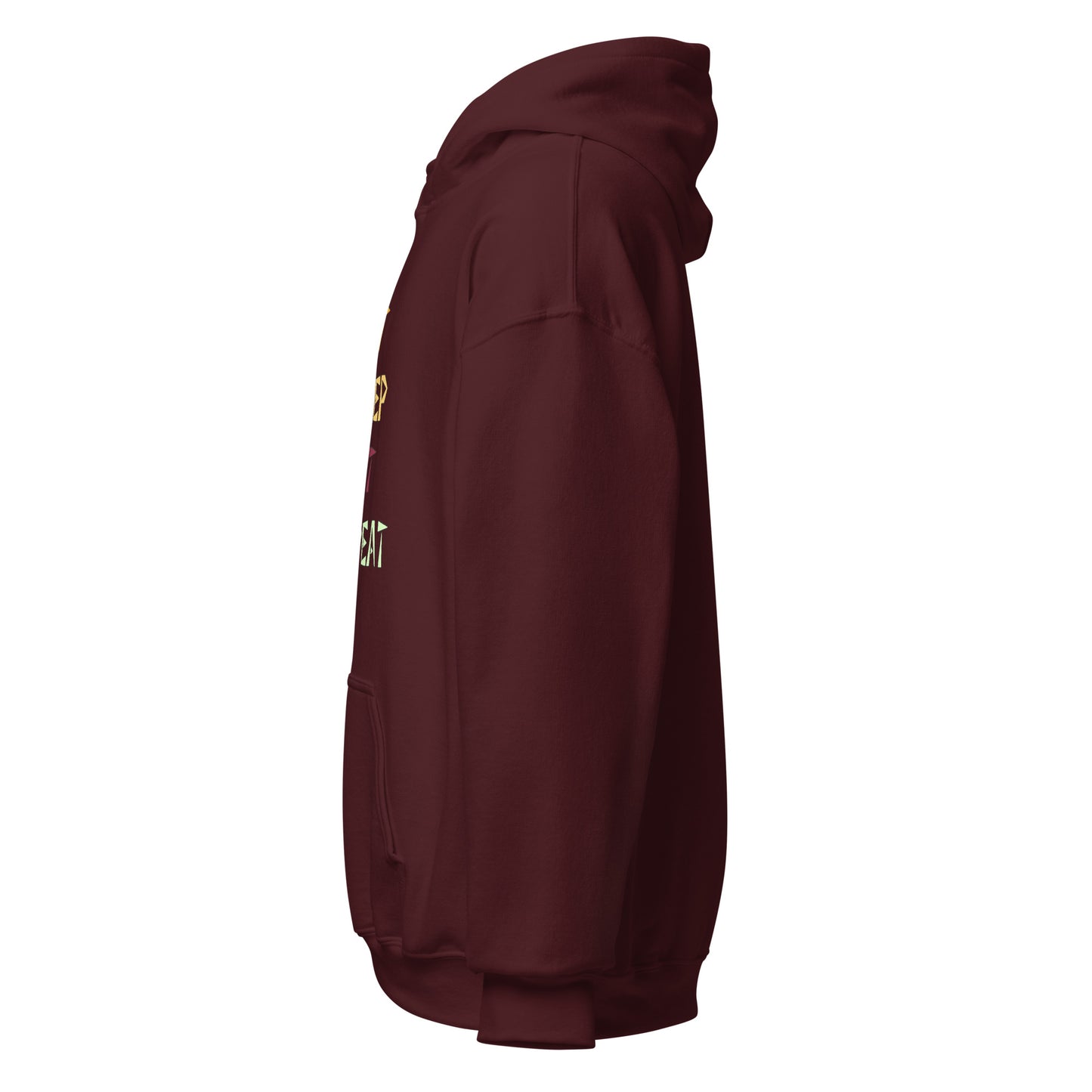 Left side view of the maroon Monster Hunter Wilds Eat Sleep Hunt Repeat hoodie highlighting side profile and relaxed fit