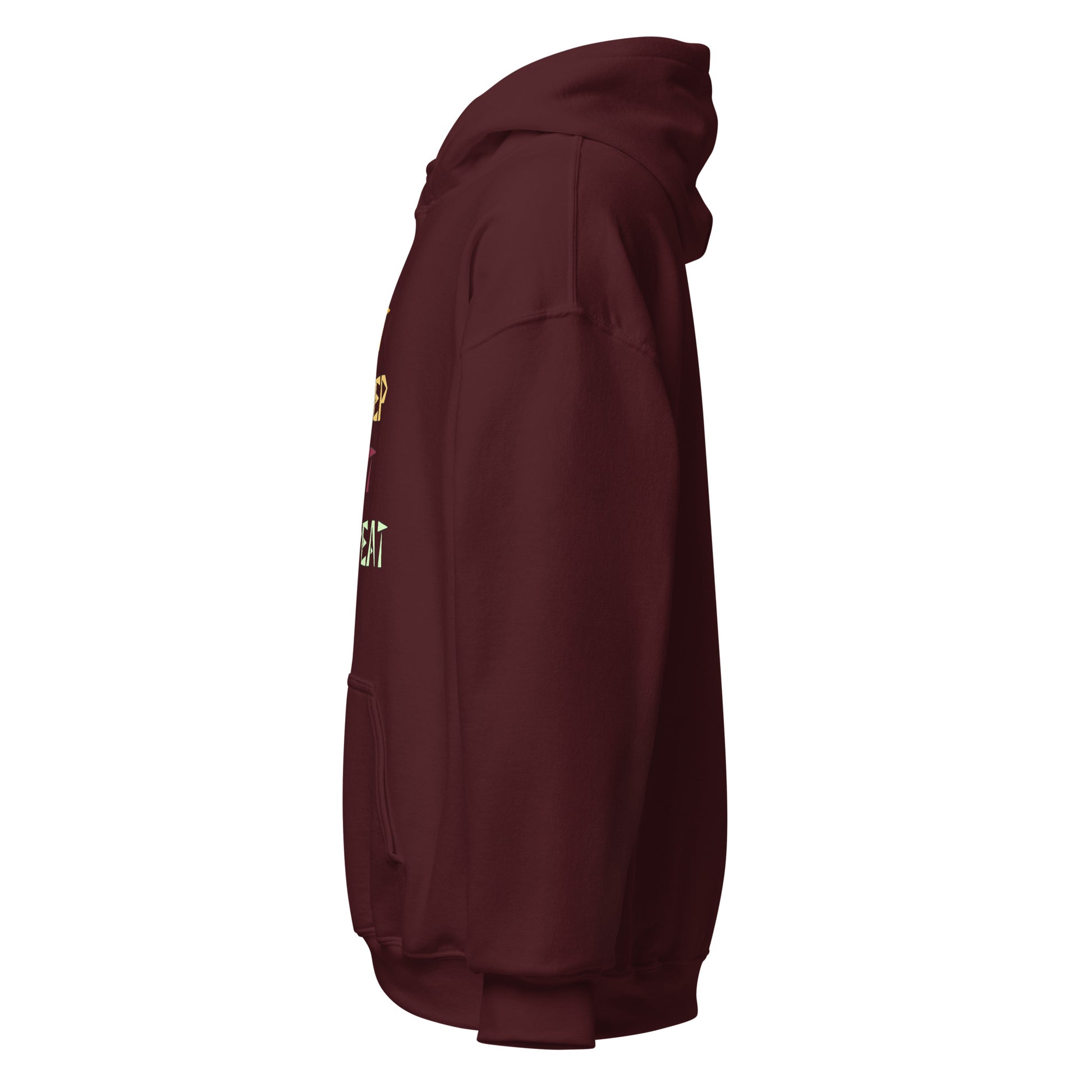 Left side view of the maroon Monster Hunter Wilds Eat Sleep Hunt Repeat hoodie highlighting side profile and relaxed fit