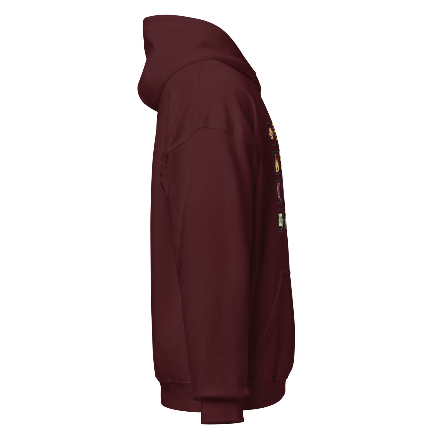 Right side view of the maroon Monster Hunter Wilds Eat Sleep Hunt Repeat hoodie showing sleeve and hood structure