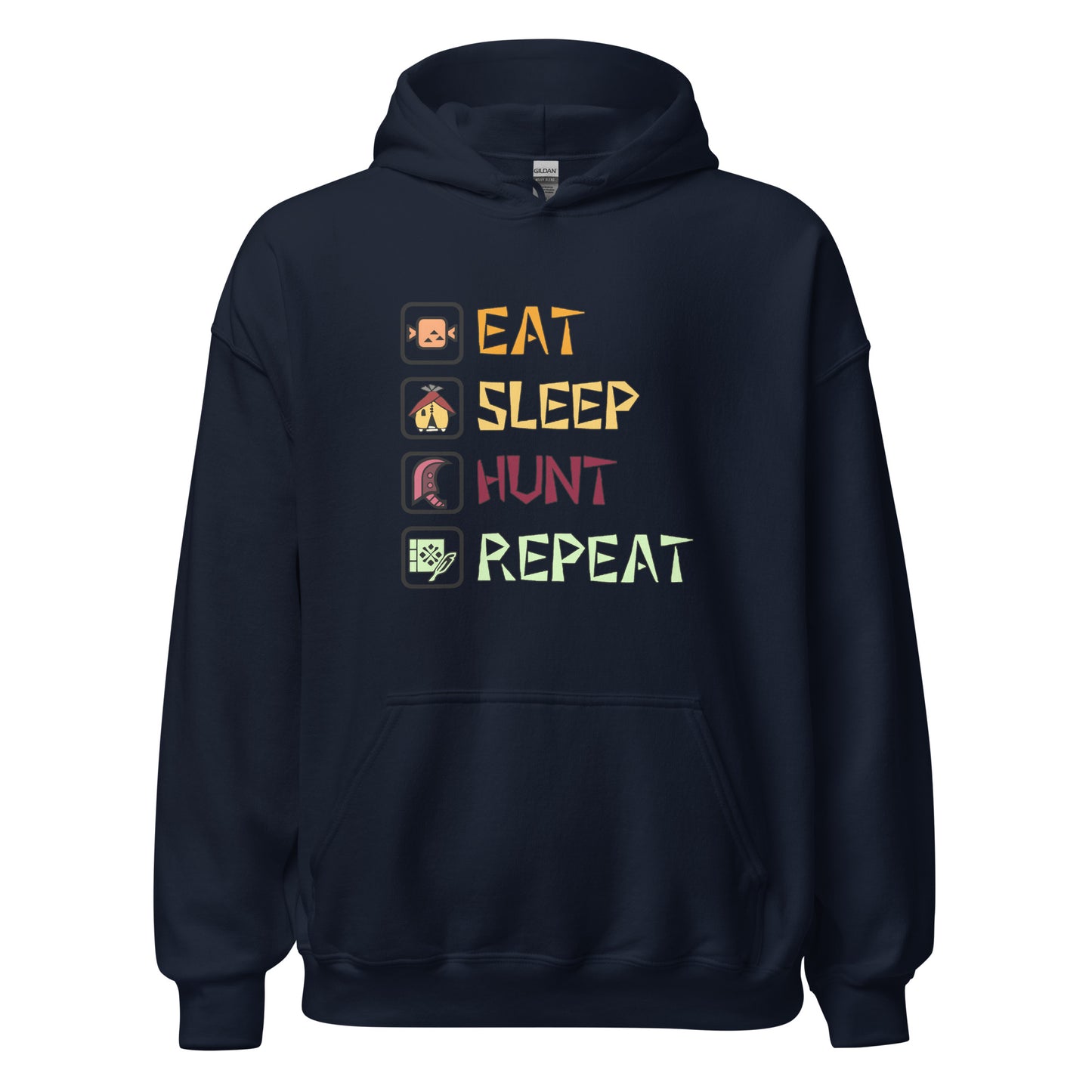 Front view of the navy Monster Hunter Wilds Eat Sleep Hunt Repeat hoodie featuring text and icons design on chest