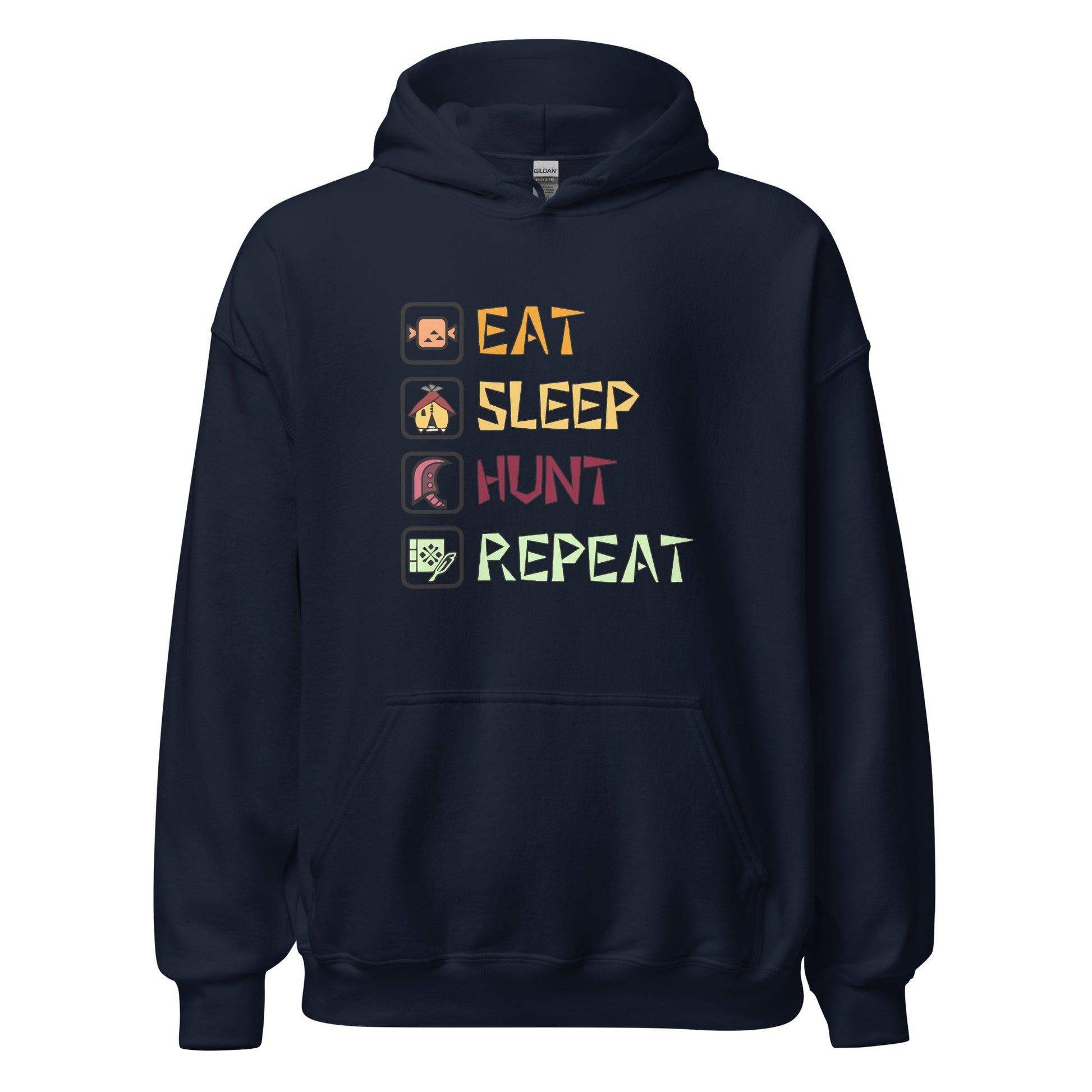 Front view of the navy Monster Hunter Wilds Eat Sleep Hunt Repeat hoodie featuring text and icons design on chest