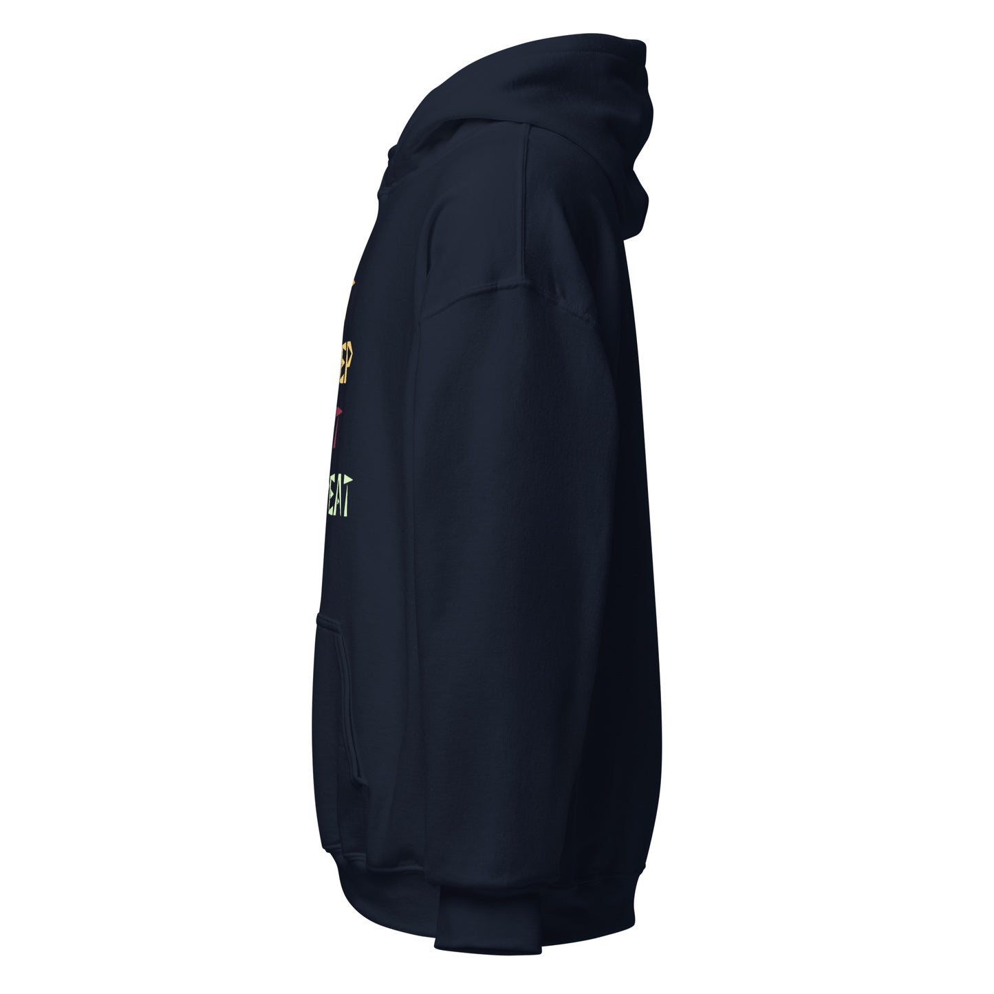 Left side view of the navy Monster Hunter Wilds Eat Sleep Hunt Repeat hoodie highlighting side profile and relaxed fit