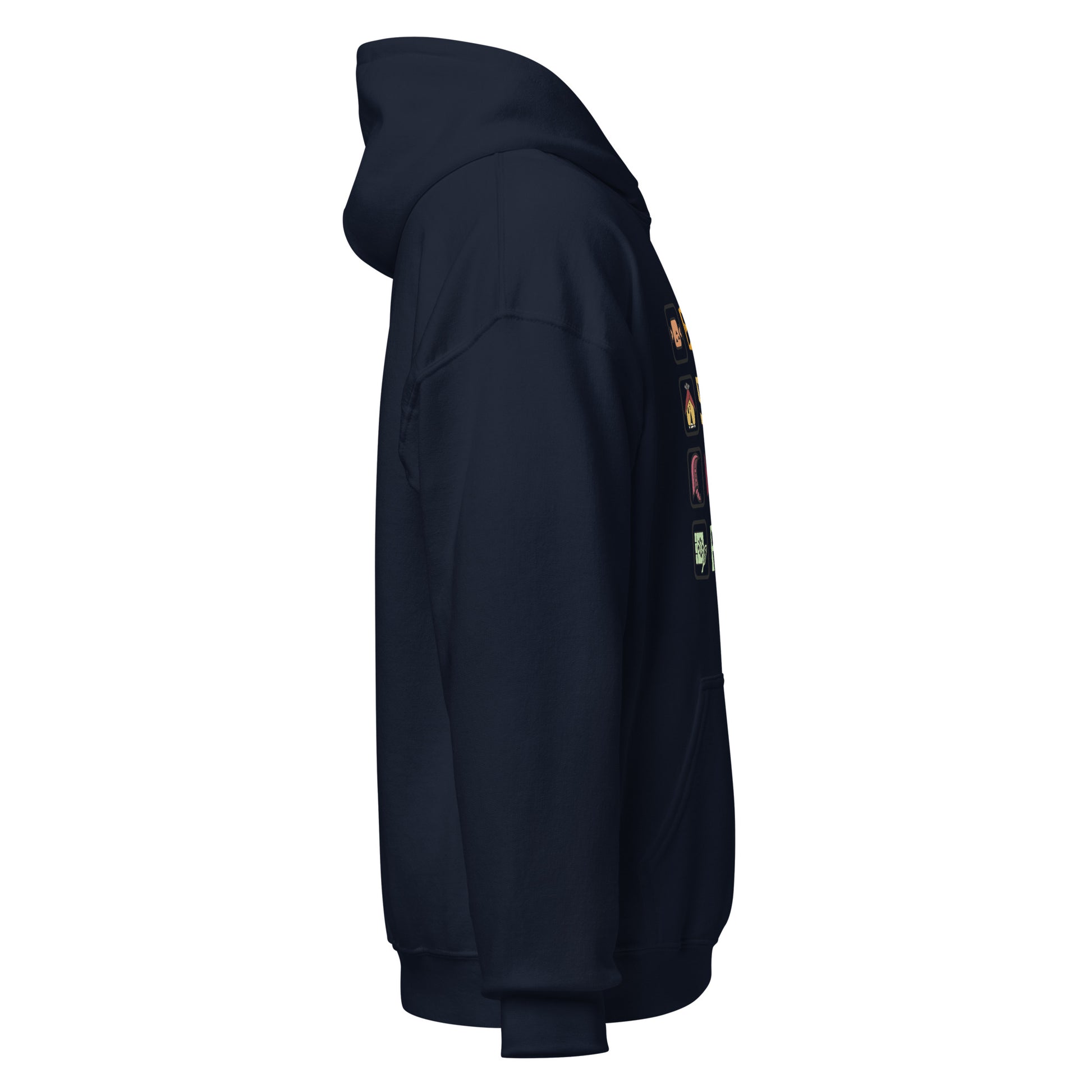 Right side view of the navy Monster Hunter Wilds Eat Sleep Hunt Repeat hoodie showing sleeve and hood structure