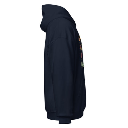 Right side view of the navy Monster Hunter Wilds Eat Sleep Hunt Repeat hoodie showing sleeve and hood structure