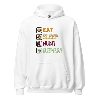 Front view of the white Monster Hunter Wilds Eat Sleep Hunt Repeat hoodie featuring text and icons design on chest