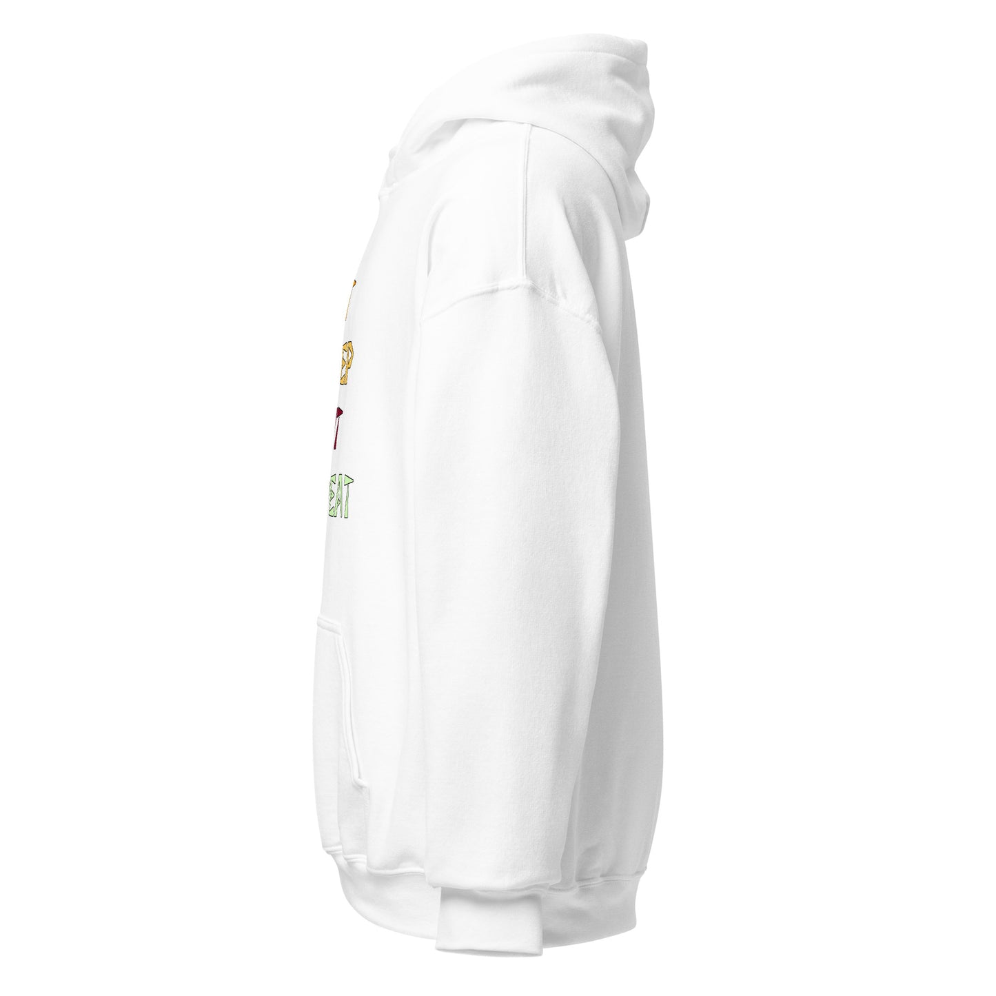 Left side view of the white Monster Hunter Wilds Eat Sleep Hunt Repeat hoodie highlighting side profile and relaxed fit