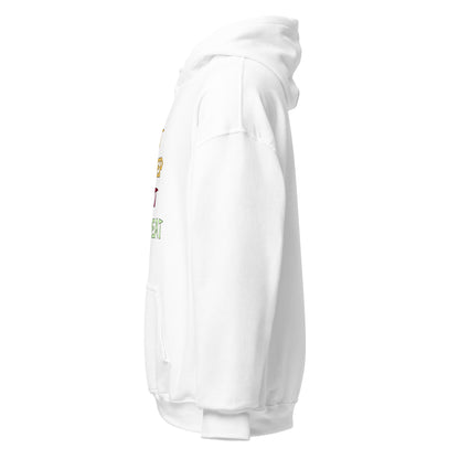 Left side view of the white Monster Hunter Wilds Eat Sleep Hunt Repeat hoodie highlighting side profile and relaxed fit