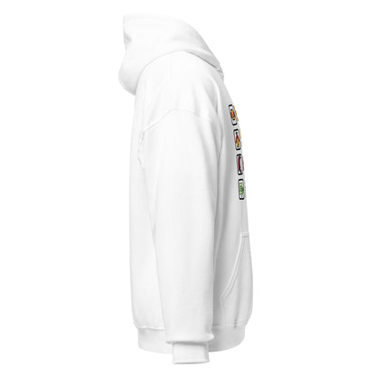 Right side view of the white Monster Hunter Wilds Eat Sleep Hunt Repeat hoodie showing sleeve and hood structure