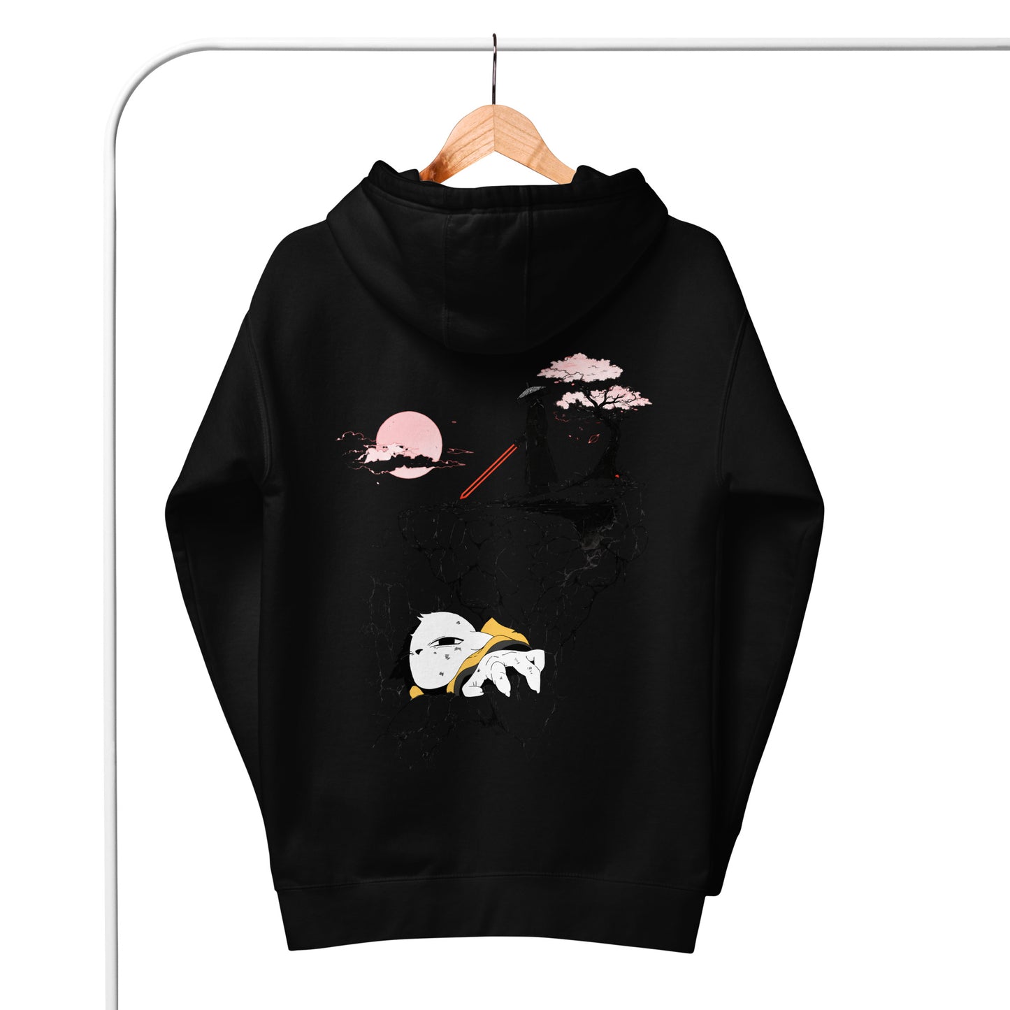 Back view of the Black Nine Sols Cliff Duel Hoodie Fallen Guardian Duel on hanger showing full cliffside duel design
