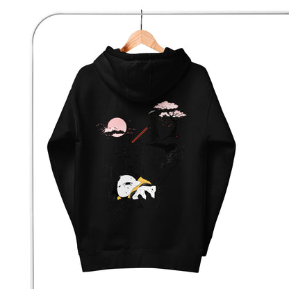 Back view of the Black Nine Sols Cliff Duel Hoodie Fallen Guardian Duel on hanger showing full cliffside duel design
