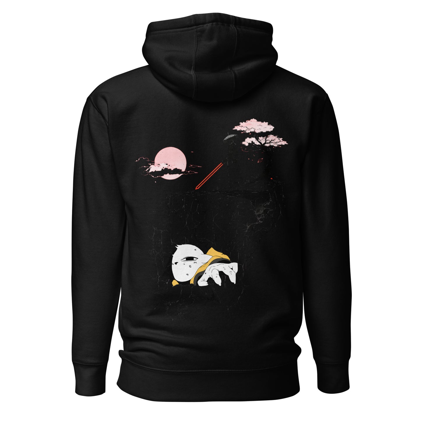 Back view of the Black Nine Sols Cliff Duel Hoodie Fallen Guardian Duel featuring a cliffside duel scene with guardian figure