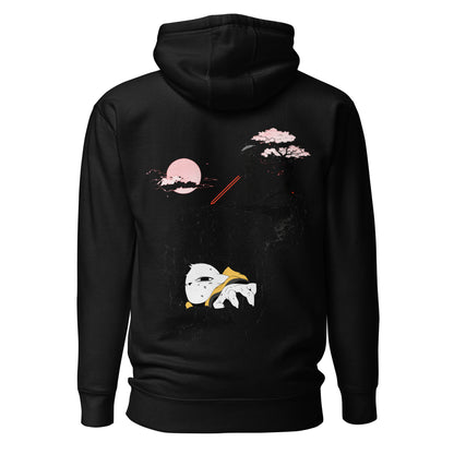 Back view of the Black Nine Sols Cliff Duel Hoodie Fallen Guardian Duel featuring a cliffside duel scene with guardian figure