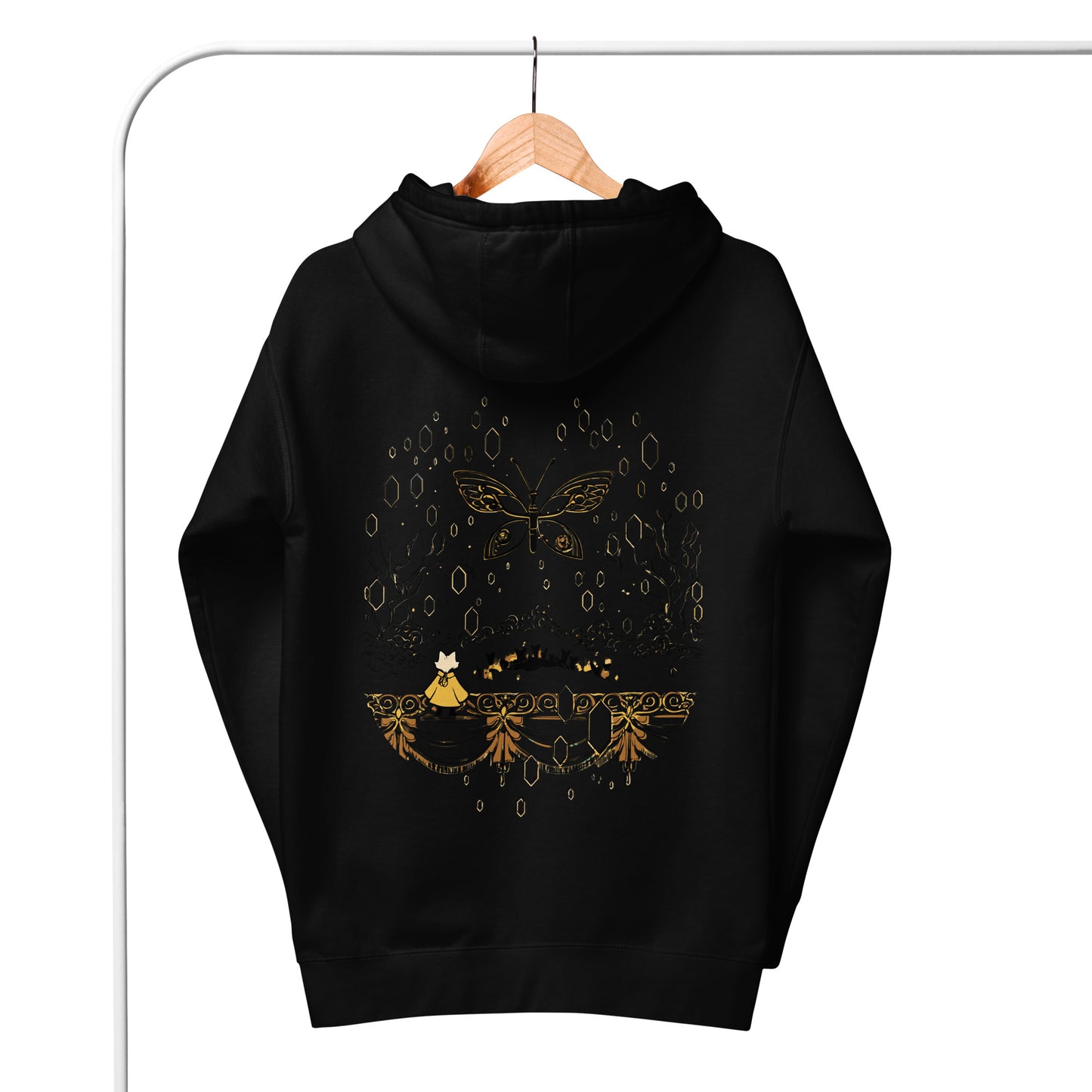 Back view of the Black Nine Sols Butterfly Hoodie Golden Echo Presence on hanger showing full butterfly design and hood detail