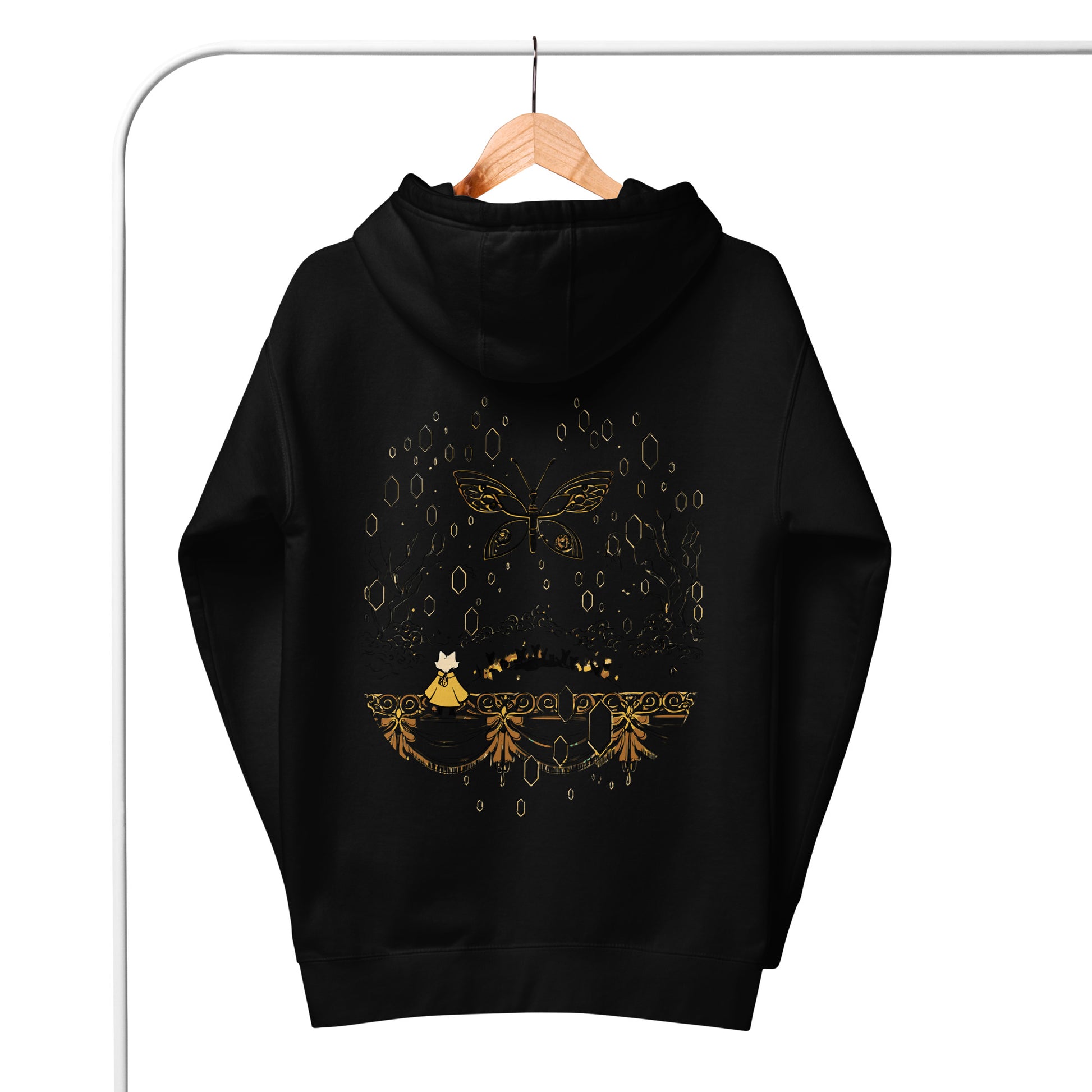Back view of the Black Nine Sols Butterfly Hoodie Golden Echo Presence on hanger showing full butterfly design and hood detail