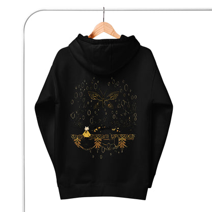Back view of the Black Nine Sols Butterfly Hoodie Golden Echo Presence on hanger showing full butterfly design and hood detail