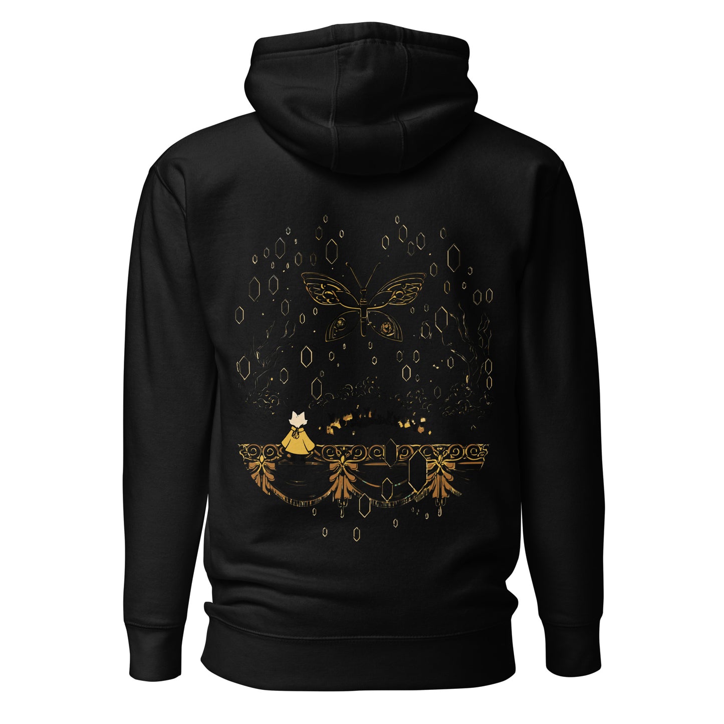 Back view of the Black Nine Sols Butterfly Hoodie Golden Echo Presence featuring a golden butterfly above an ornate shrine scene