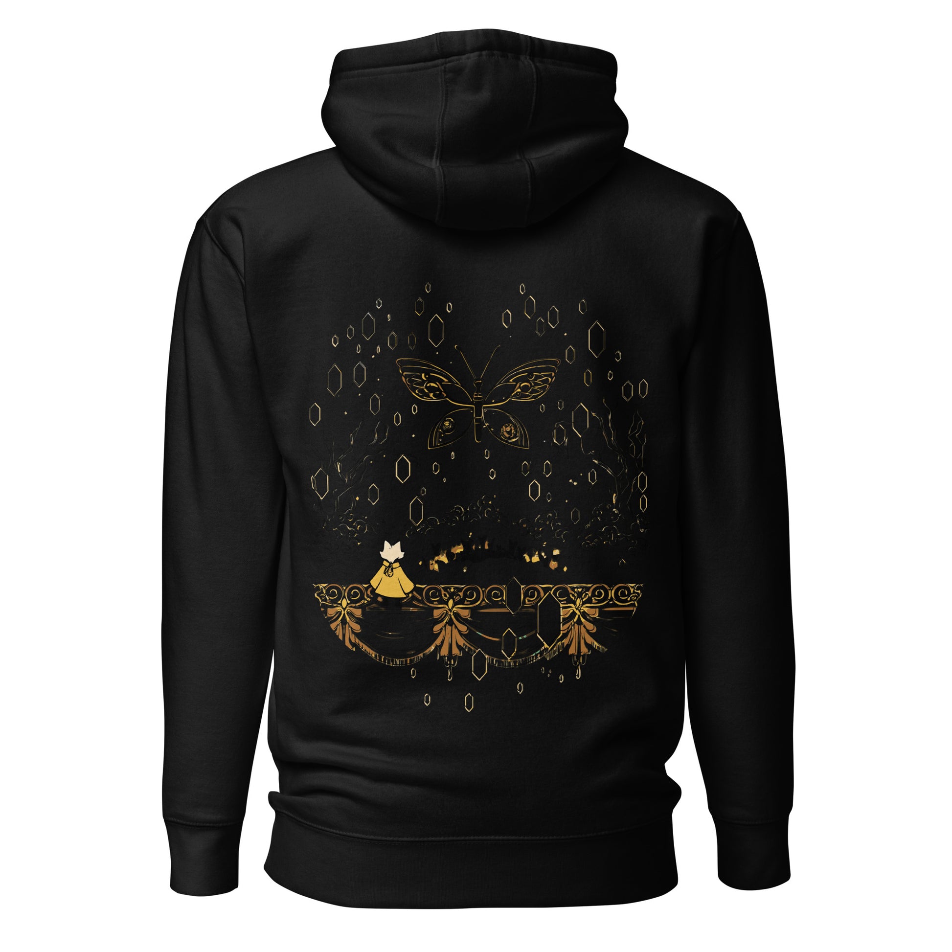 Back view of the Black Nine Sols Butterfly Hoodie Golden Echo Presence featuring a golden butterfly above an ornate shrine scene