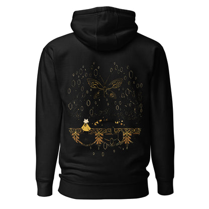 Back view of the Black Nine Sols Butterfly Hoodie Golden Echo Presence featuring a golden butterfly above an ornate shrine scene
