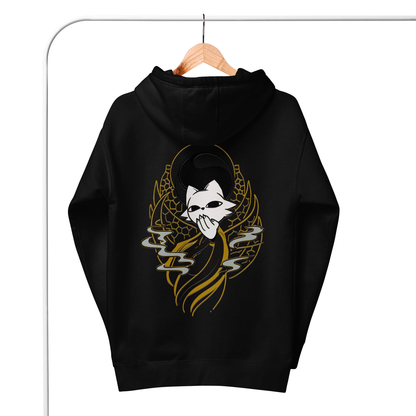 Back view of the Black Nine Sols Balance Hoodie Yin Yang Presence on hanger showing full yin yang skull design and hood detail