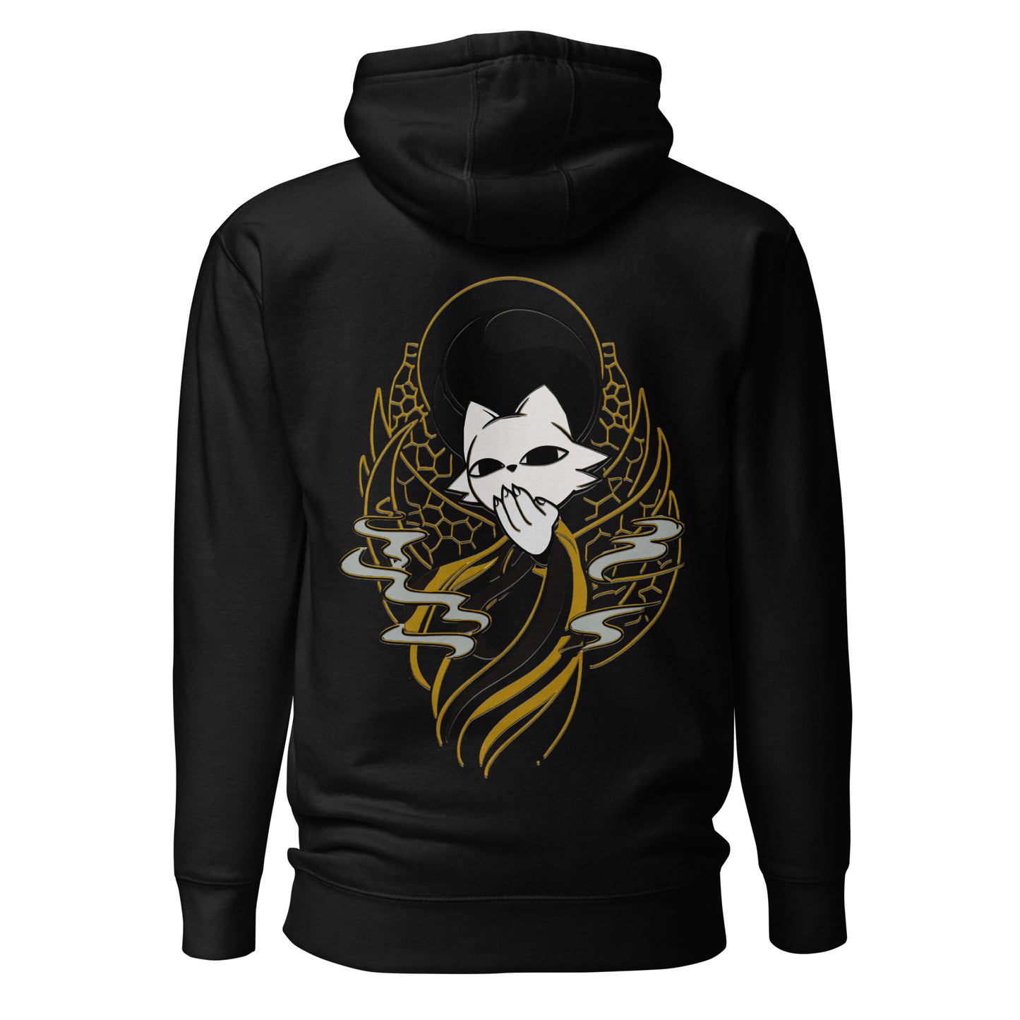 Back view of the Black Nine Sols Balance Hoodie Yin Yang Presence featuring a yin yang skull graphic with golden line details