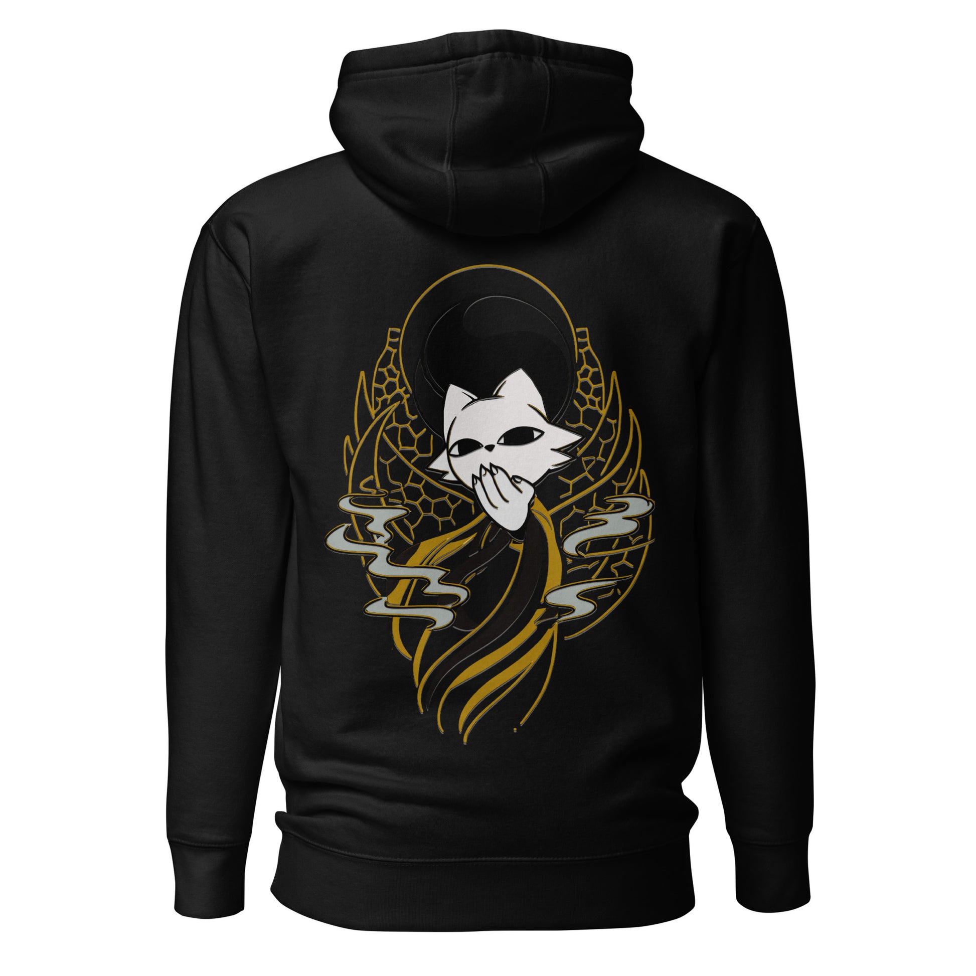 Back view of the Black Nine Sols Balance Hoodie Yin Yang Presence featuring a yin yang skull graphic with golden line details