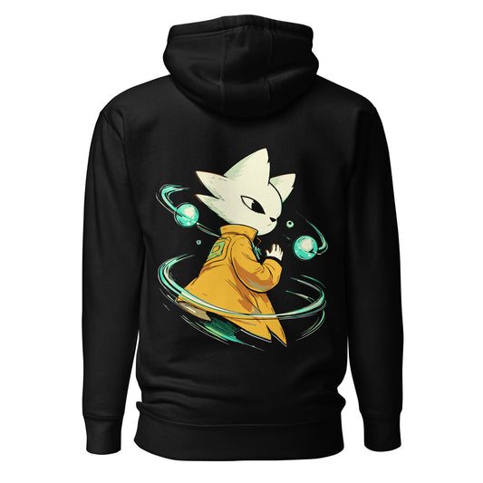 Back view of the Black Nine Sols Orbit Hoodie Orbital Presence featuring a colorful orbital character graphic