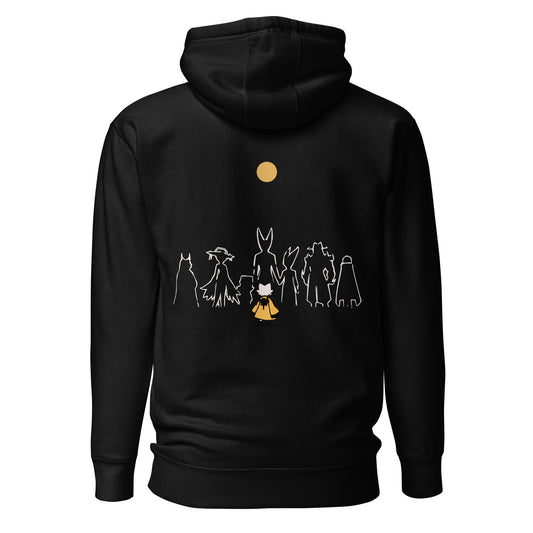 Back view of the black Nine Sols Under the Golden Sol hoodie featuring minimalist character line art beneath a golden sun