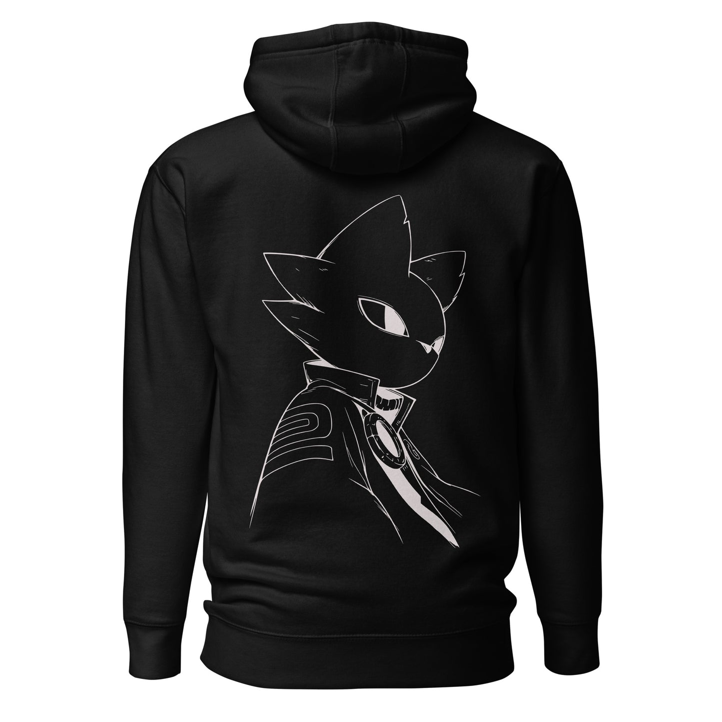Back view of the black Nine Sols Silent Resolve Taopunk Portrait hoodie featuring a minimalist taopunk portrait in white line art