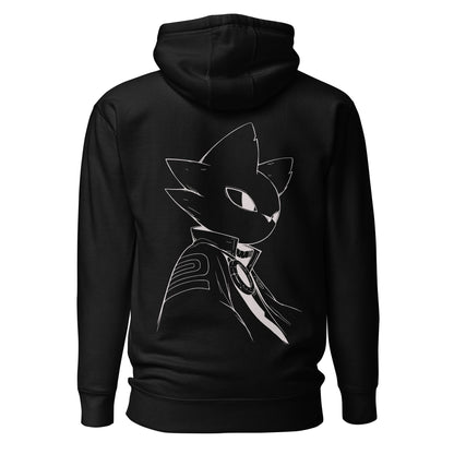 Back view of the black Nine Sols Silent Resolve Taopunk Portrait hoodie featuring a minimalist taopunk portrait in white line art