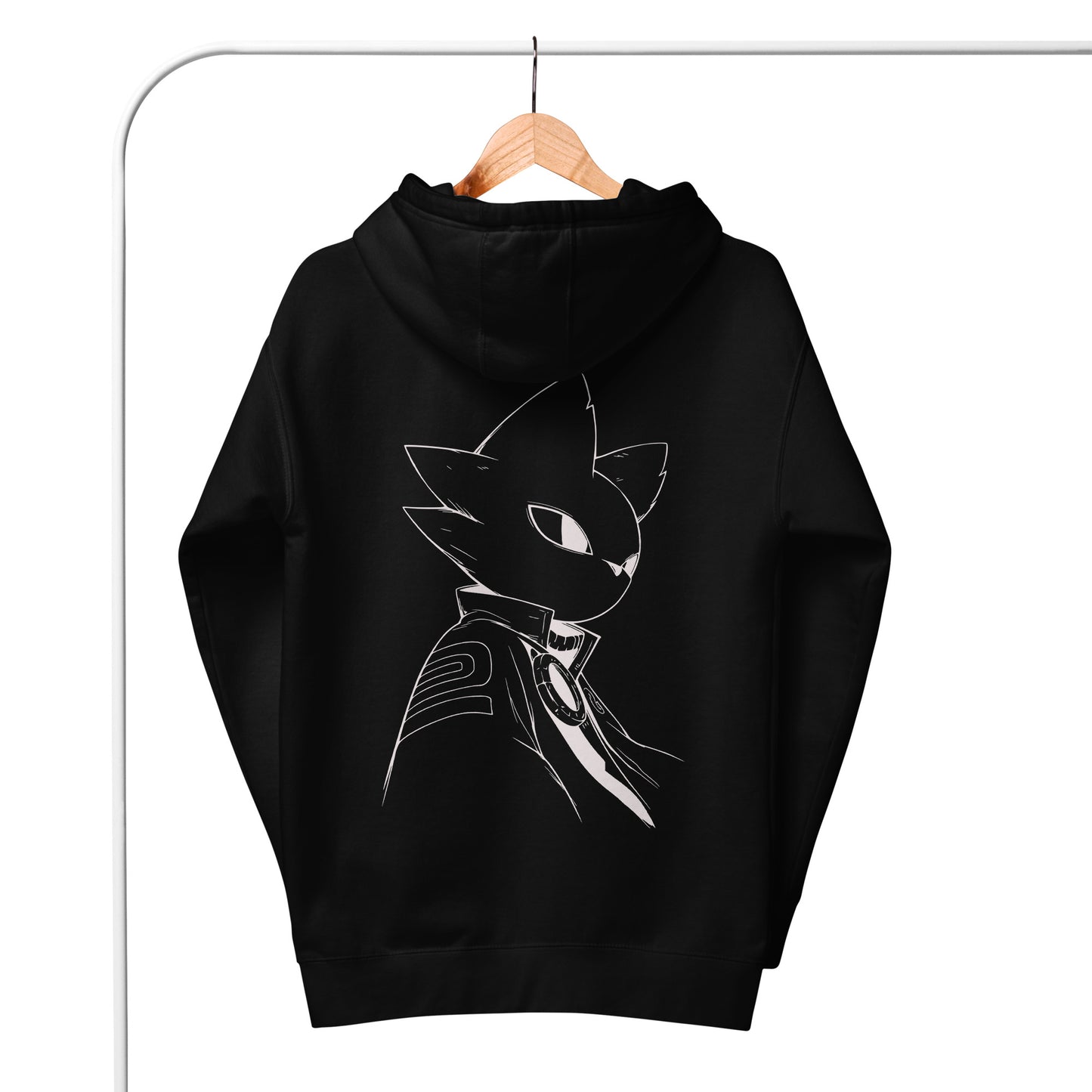 Back view of the black Nine Sols Silent Resolve Taopunk Portrait hoodie on hanger showing full portrait design and hood detail