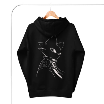 Back view of the black Nine Sols Silent Resolve Taopunk Portrait hoodie on hanger showing full portrait design and hood detail