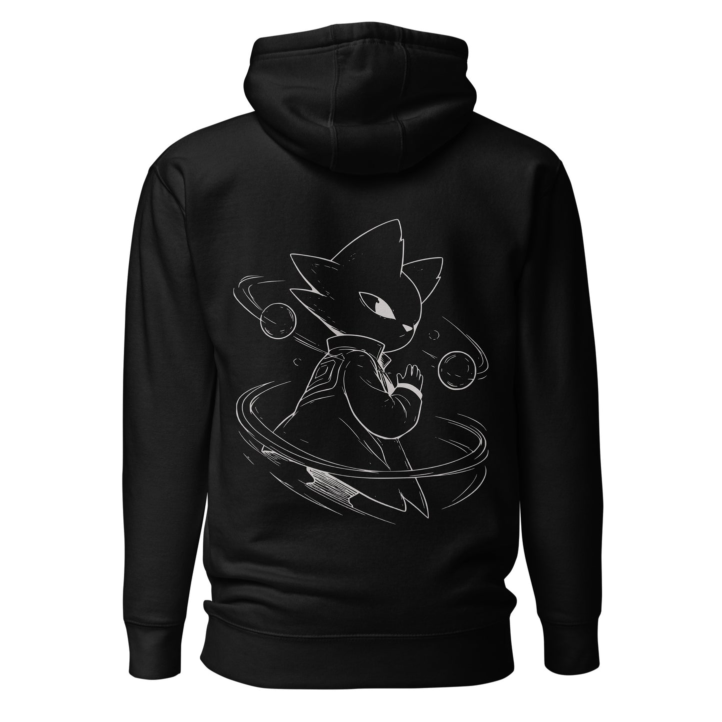 Back view of the black Nine Sols Orbiting Focus Taopunk Motion hoodie featuring a taopunk figure with orbiting rings in white line art