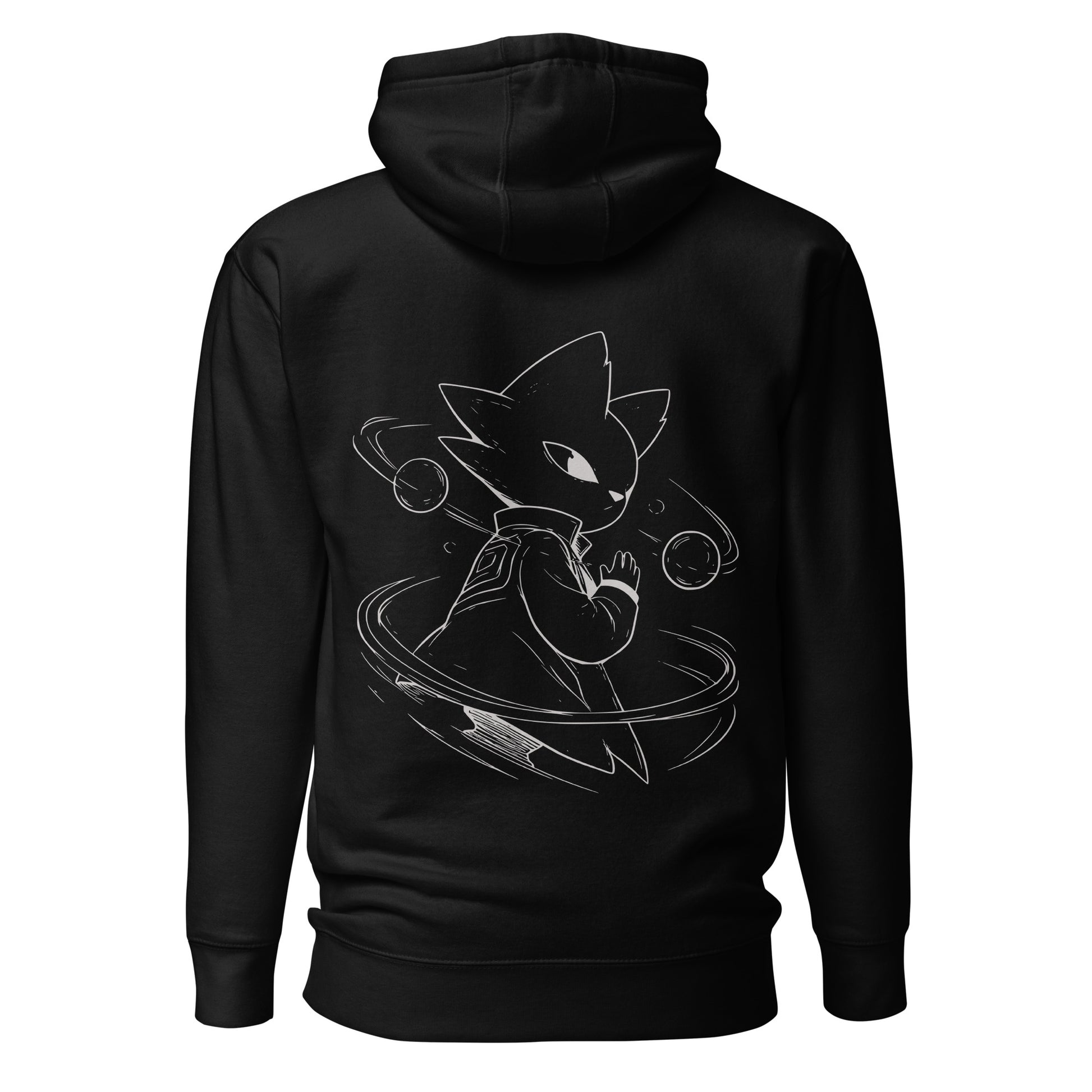 Back view of the black Nine Sols Orbiting Focus Taopunk Motion hoodie featuring a taopunk figure with orbiting rings in white line art