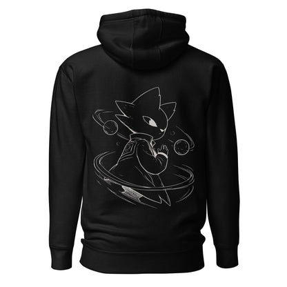 Back view of the black Nine Sols Orbiting Focus Taopunk Motion hoodie featuring a taopunk figure with orbiting rings in white line art